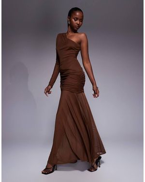 ASOS Maxi-Jurk Van Mesh Met Enkele Mouw, Rimpelfetail En Volle Rok - Bruin