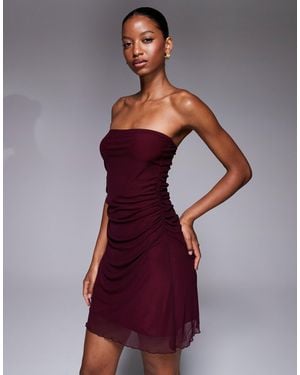 Fashionkilla Mesh Overlay Ruched Waist Bandeau Mini Dress - Purple