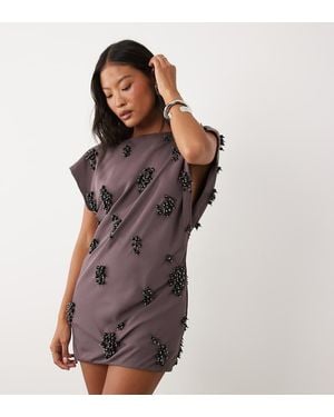 ASOS Asos Design Petite Open Back Cluster Embellished Mini T-shirt Dress - Brown
