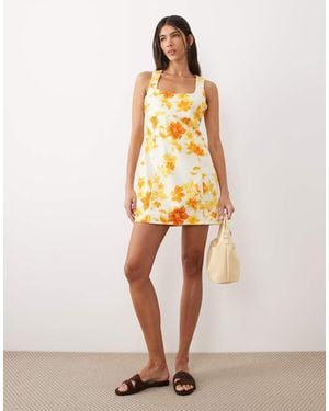 ASOS Vestido Corto De Algodón Estructurado Con Cuello Cuadrado Y Estampado Floral Naranja