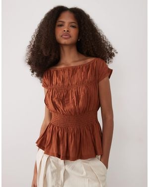 Threadbare Shirred Cap Sleeve Top - Brown