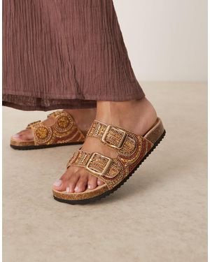 Asos Design Wide Fit Funky Beaded Double Strap Flat Mules - Brown
