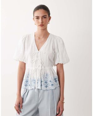 Nobody's Child Aries Cotton Puff Sleeve Tie Detail Contrast Embroidered Top - White
