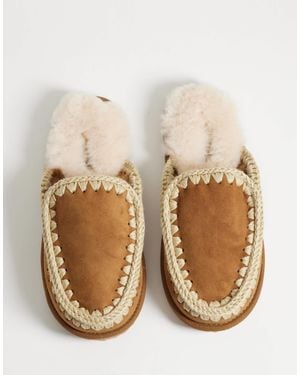 Mou Shearling Lined Overstitch Suede Slippers - Natural