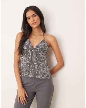 Motel Rafina Chiffon Sequin Halter Top - Grey