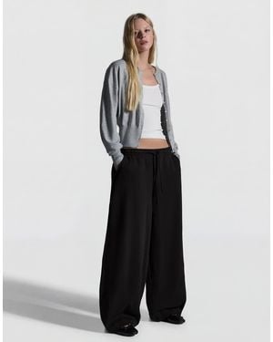 Bershka Barrel Plush Trousers With Stoppers - Black
