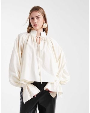 ASOS Cotton Gathered Volume Sleeve Blouse - Natural