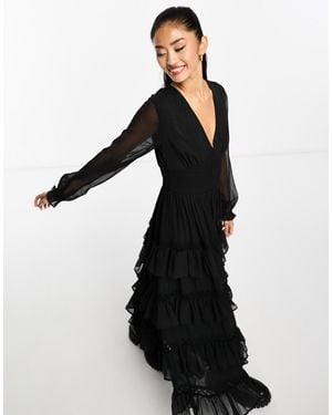 Miss Selfridge Dobby Chiffon Ruffle Tiered Maxi Dress - Black