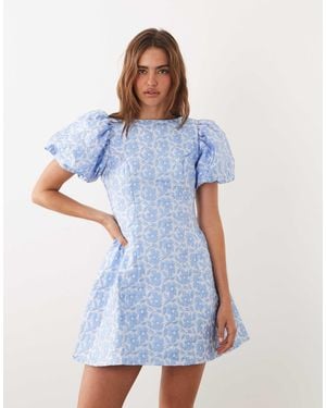 Sister Jane Bilberry Jacquard Round Neck Puff Sleeve Mini Dress - Blue