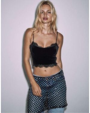 Stradivarius Strappy Velvet Top With Lace Detail - Blue