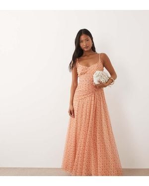 LACE & BEADS Vestito Lungo Con Corpino Asimmetrico Arricciato Con Spalline Sottili Arancione A Fiori - Marrone