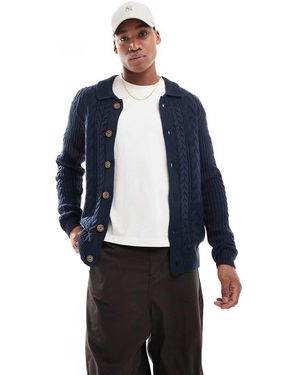 Threadbare Chunky Cable Knit Cardigan - Blue