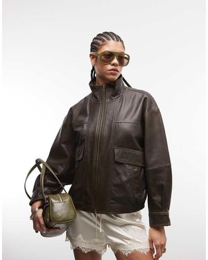 ASOS Oversized Washed Leather Bomber Jacket - Brown