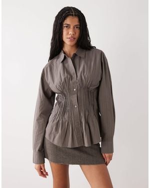 Weekday Cinched Shirt With Ruching And Peplum Hem - Brown