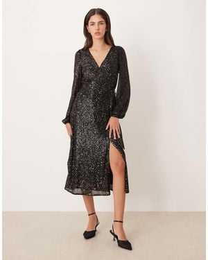 Lovedrobe Sequin Faux Wrap Long Sleeve Midi Dress - Natural