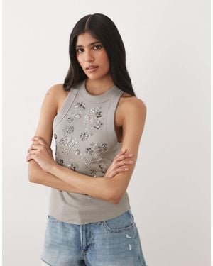 Miss Selfridge Festival Embellished Racer Tank Top - Gray