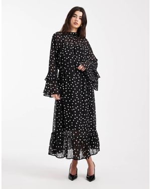 Object Vestido Largo Negro De Estilo Bohemio Con Estampado De Lunares Blancos Y Volantes De