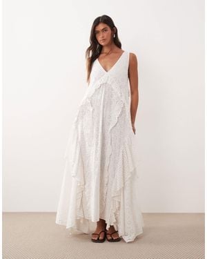 ARRANGE Broderie Ruffled V Neck Maxi Dress - Natural