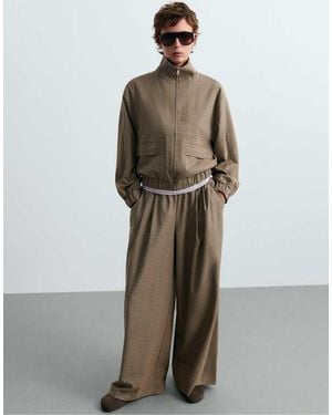 Oysho Houndstooth Wide-Leg Trousers - Brown