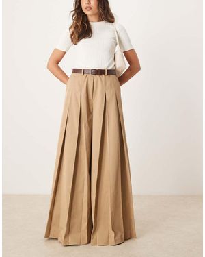 ASOS Tailored Pleated Wide Leg Trousers With Belt - Natural