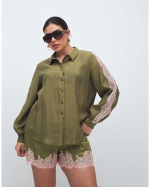 Never Fully Dressed Satin Lace Detail Button Down Shirt Co-ord - Green