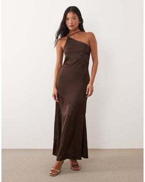 Vila One Shoulder Strap Detail Satin Maxi Dress - Brown