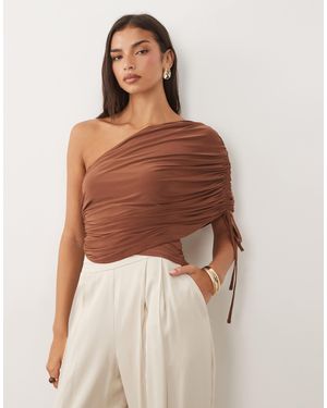 ASOS Slinky Draped Asymmetric Top With Ruching Detail - Brown