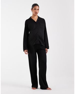 Loungeable Maternity Super Soft Jersey Camp Collar Top And Wide Leg Pants Pajama Set - Black