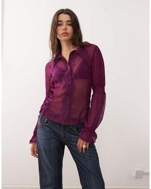 Reclaimed Vintage Sheer Shirt With Lace Up Sides And exaggerated Collar - Purple