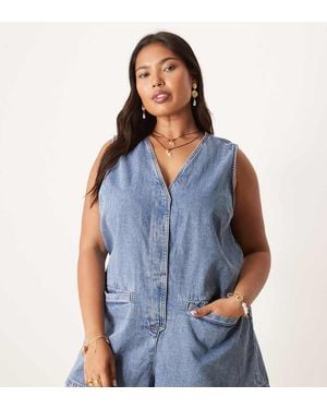 ASOS Asos Design Curve Denim Playsuit With Tie Back - Blue