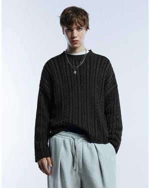 Pull&Bear Acid Wash Cable-knit Jumper - Black