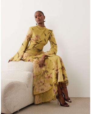 ASOS Long Sleeve High Neck Maxi Dress With Ruffle Godets And Flute Sleeves - Metallic