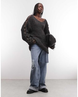 The Ragged Priest Fluffy Oversized Knit Jumper With O Ring Detail - Grey