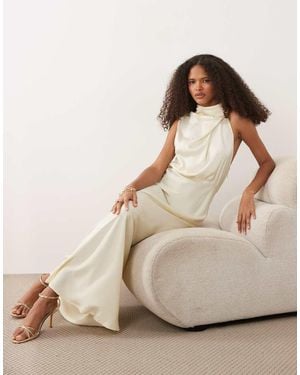 Vila High Neck Satin Maxi Dress - Natural