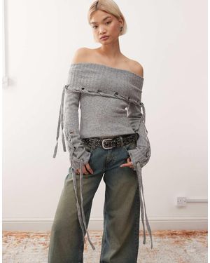Minga London Ribbed Knit Off Shoulder Lace Up Jumper - Grey