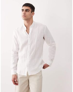 Mango 100% Linen Mao Neck Log Sleeve Shirt - White