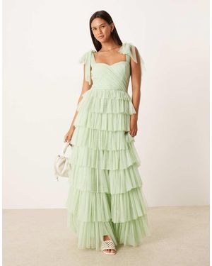 LACE & BEADS Bow Shoulder Ruffle Maxi Dress - Green