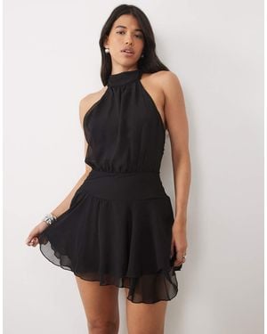 Fashionkilla Exclusive Chiffon Halterneck Foldover Detail Ruffle Skirt Mini Dress - Black