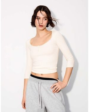 Bershka Lace Scoop 3/4 Sleeve T-Shirt - White