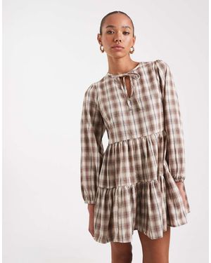Wednesday's Girl Tie-detail Plaid Mini Smock Dress - Natural