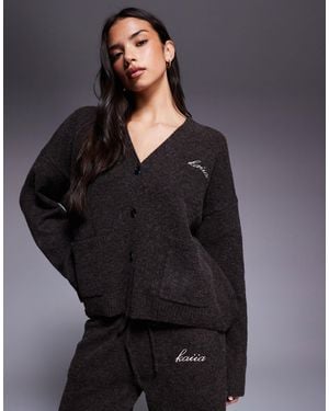 Kaiia Knitted Embroidered Logo Button Through Cardigan Co-ord - Gray