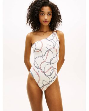 Tommy Hilfiger Print Tortoiseshell Ring One Shoulder Swimsuit - White