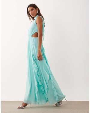 TFNC London Ruffle Detail High Neck Maxi Dress With Open Back And Thigh Split - Blue