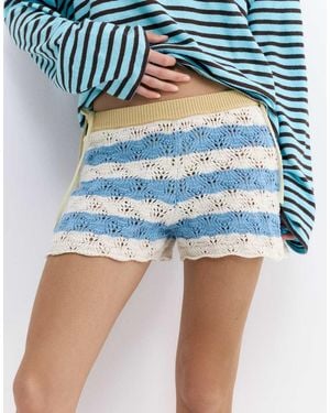 Pull&Bear Striped Crochet Shorts - Blue