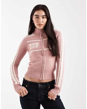 Daisy Street Zip Up High Neck Angel Number Knit Jumper - Pink