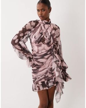 ASOS Organza Ruffle Long Sleeve Mini Dress - Pink