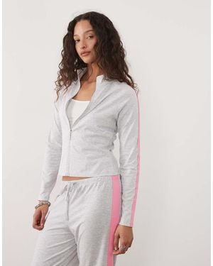 ASOS Co-ord Fitted Zip Through Fleece With Contrast Pink Strip - White