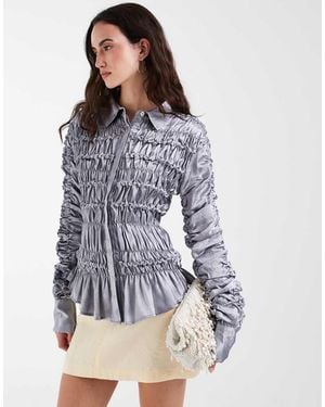 Muse Assembly Crushed Satin Ruched Shirt - Blue