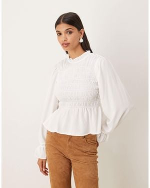 ASOS High Neck Long Sleeve Smocked Blouse - White