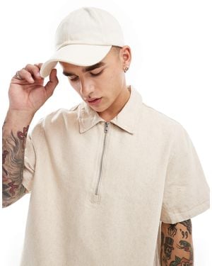 Weekday Dejan Heavyweight Linen Short Sleeve Polo Zip Shirt - Natural